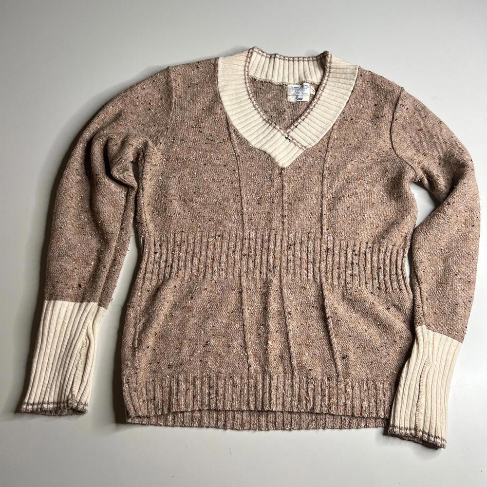 80s Vintage Sears Women’s Speckled Knit Sweater V-Neck Beige Tan Wool Blend USA
